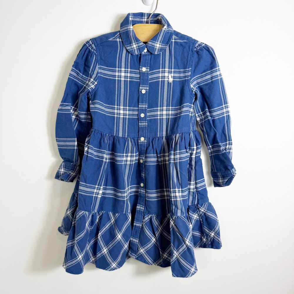 Polo Ralph Lauren Plaid Shirt Dress Girls 4 Blue Flannel Tiered Ruffle Peter Pan